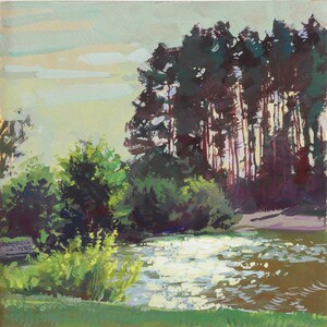 Plein air, Pintura guache em painel, Arte da natureza, Arte do lago, Pintura plein air, Pintura de paisagem, Miniatura, Arte original, Alla prima