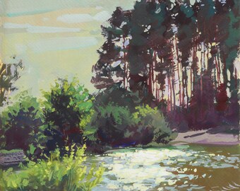 Original Gouache Lake Painting: Miniature Landscape Art, 8x8