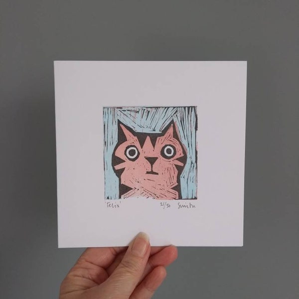 Felix Cat Card, Original Artwork,Linocut Card, Limited Edition, Blank Greetings Card,Free Postage in UK,