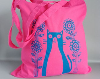 Hand Printed Tote Bag, Garden Cat, Pink Shopping Bag, Cheerful Design, Cat Lovers Gift, Stocking Filler,Limited Edition,Monochrome Art Tote