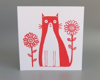 Flower Cat Screen Printed Card, Large Art card, Flower Cat, Cat Greetings Card, Limited Edition Card, Cat Lover, Simple Cat Picture