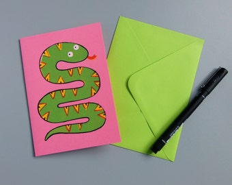 Snake Card, Kids Birthday Card, Party Invitation, Brightly Coloured, Cute Snake, Printed By Hand, Screen Print, Original Artwork