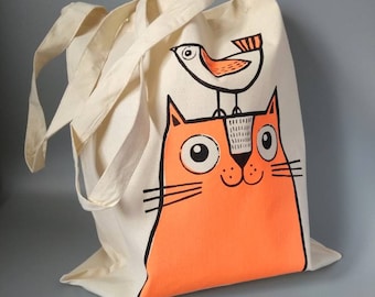 Screen Printed Tote Bag, Recycled Cotton, Cat and Bird Tote Bag, Cat Lovers Gift, Stocking Filler,Limited Edition,Monochrome Art Tote