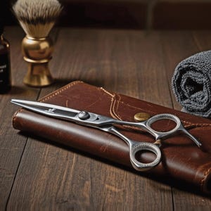 Może przedstawiać: Srebrne nożyczki fryzjerskie z skórzanym etui, pędzlem do golenia i zwiniętym szarym ręcznikiem na drewnianej powierzchni. Nożyczki mają szczegółowy wzór na uchwytach i śrubę pośrodku. Pędzel do golenia ma złotą podstawę.