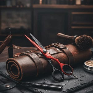 Może przedstawiać: Narzędzia fryzjerskie ułożone na ciemnej powierzchni. Na zdjęciu widnieją czerwono-czarne nożyczki, skórzany wałek, pędzel do golenia i brzytwa. Układ sugeruje profesjonalne środowisko zakładu fryzjerskiego.