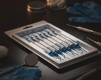 Sword Edge Dental Periodontal Gracey Curette Set – 7pcs Titanium Coated Hollow Handle Kit with Special Arrow Marking (Blue & Gold)