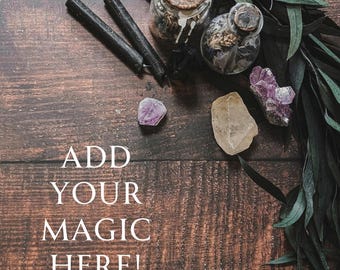 Witchy Wooden Background Flatlay Images for Web and Social Media