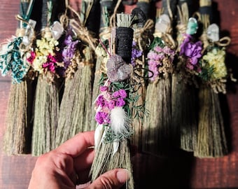 CLEANSING ALTAR BESOM - Hand decorated with Dried Flowers & Crystals