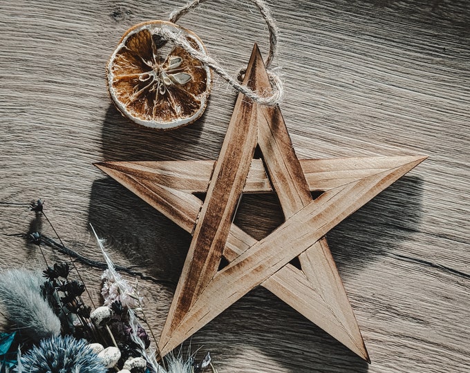 Hanging Wooden Yule Pentagram Star with Dried Orange