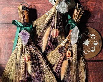 LARGER SIZE BESOM - Hand decorated with Dried Flowers & Crystals