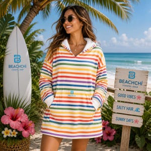 Regenboogstreep | Surfbadjas | Deken met capuchon | Comfortabele surfbadjas met capuchon en zak | Beachchi surfbadjas