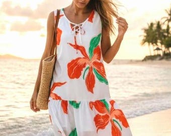 Abito estivo senza maniche con volant e scollo a fiocco floreale, abito da vacanza, abito da spiaggia