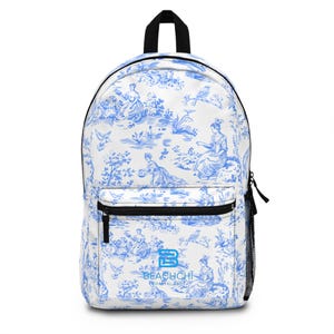 Blue Toile Backpack, Stylish School Bag, Trendy Tote for Women, Travel Backpack, Unique Gift Idea, Gift for College Student, Beachchi Bag