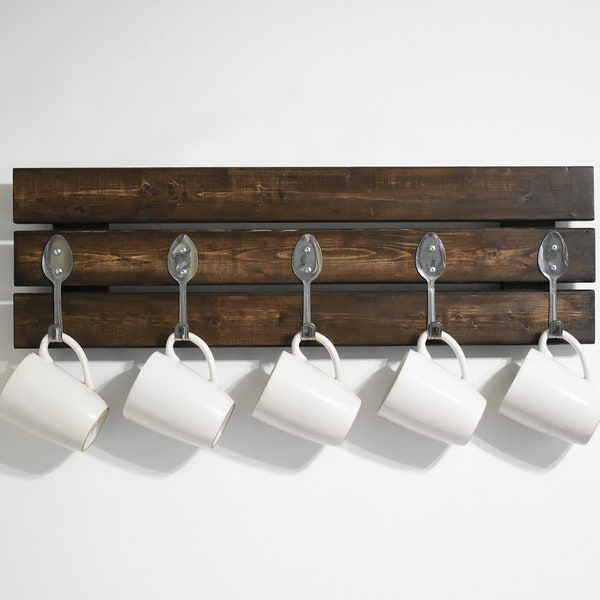 Coffee mug rack with spoon hooks - Coffee cup holder - Farmhouse kitchen decor - Rustic coffee rack - Coffee bar shelf- Coffee Station Shelf