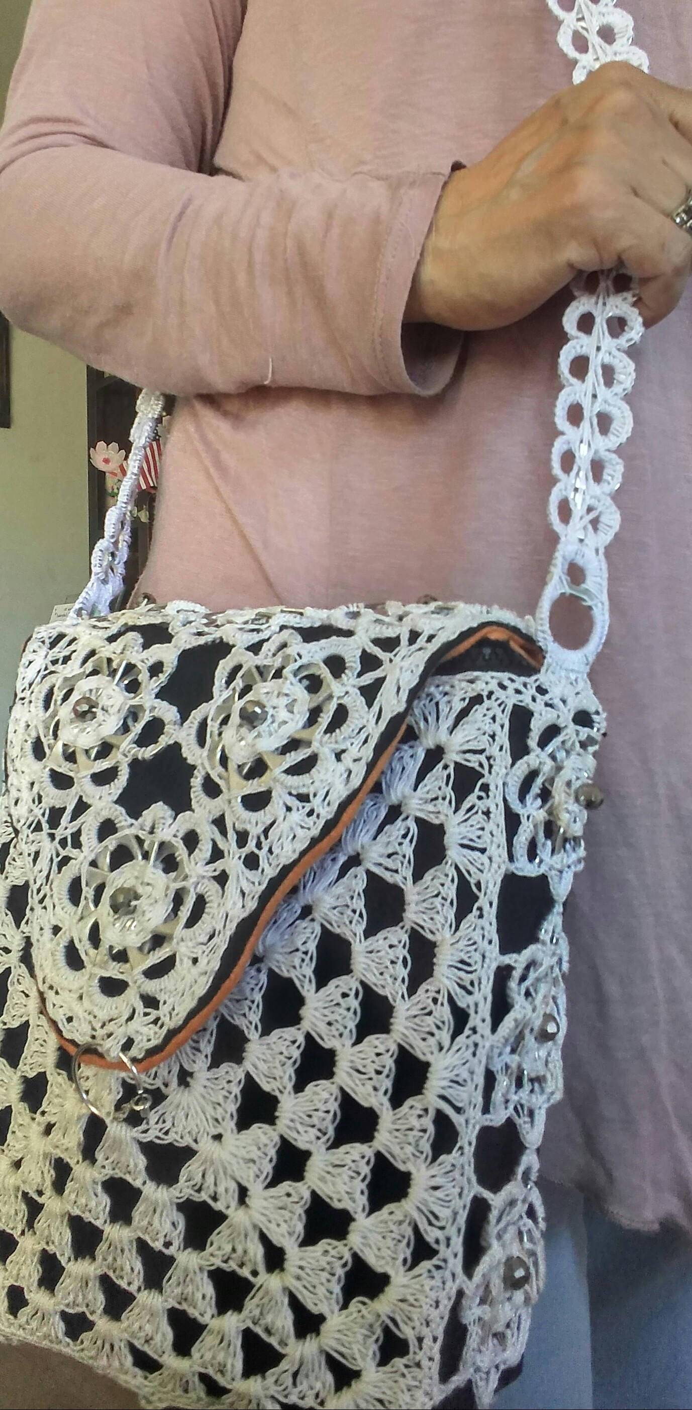Shoulder Bag, Crochet Petite Embellish With Flowers and Beads Design
