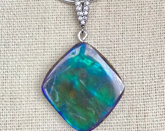 Ammolite Pendant - Dark Green/Blue Gem with CZ Accents - MUST Read Description