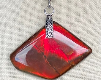 Ammolite Pendant - Large Chunky Red Gem!  Bail with Silver Overlay - MUST Read Description