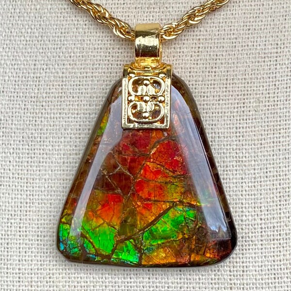 Ammolite Pendant - Gem in Red and Green!  Bail with Gold Overlay - MUST Read Description