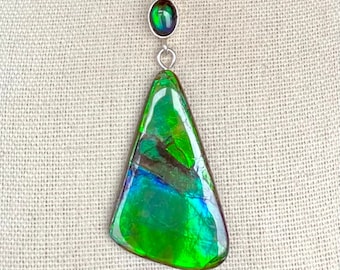 Ammolite Pendant - Lovely Green and Blue Freeform - Ammolite Triplet Accent!  Please Read Description