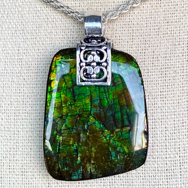 Ammolite Pendant - Deep Green Dragonskin!  Bail with Silver Overlay - Please Read Description