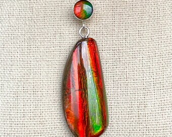 Ammolite Pendant - Lovely Red and Green Chunky Freeform - Ammolite Triplet Accent!  Color Changer!  Please Read Description
