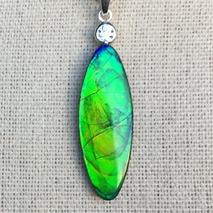 Ammolite Pendant - Bright Green Gem with a CZ Accent!  Please Read Description