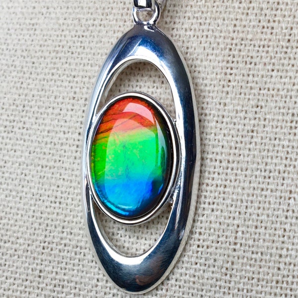 Ammolite Pendant - Very Bright Tricolor Gem in a Contemporary Setting! Nicer Than Photos - MUST Read Description!