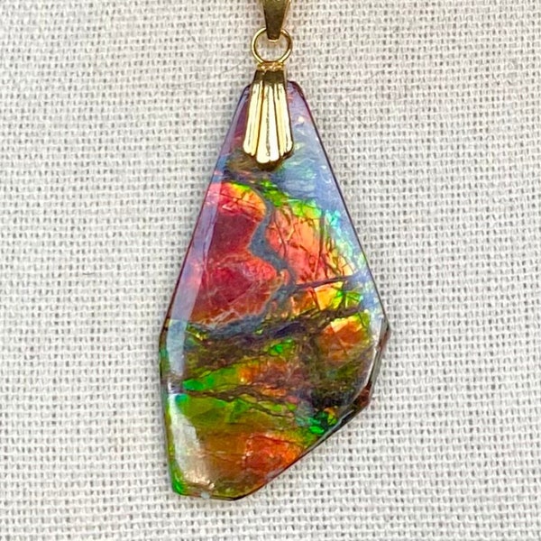 Ammolite Pendant - Nice Large Stained Glass Pattern in Red and Green!  Very Natural!  Please Read Description