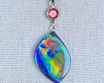 Ammolite Pendant - Lovely Multi-Color Collectors Grade Gem - Garnet Accent!  Please Read Description