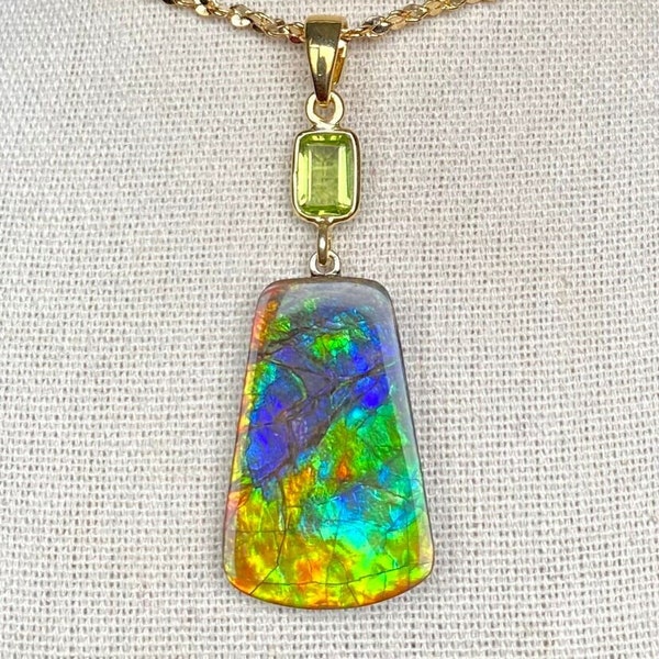 Ammolite Pendant - Multi-Color Collectors Grade Gem with Purple - Peridot Accent!  Please Read Description