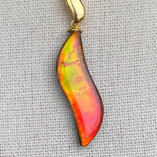 Ammolite Pendant - Designer S Shape Gem in Red and Gold!  Color Changer!  Please Read Description