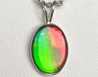 Ammolite Pendant - Smaller Pendant with Red and Green Gemstone - Color Changer - MUST Read Description