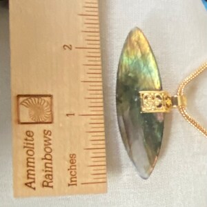May include: A gold chain necklace with a green and iridescent ammolite pendant. The pendant is oval shaped and has a gold clasp. The pendant is about 1 inch long.