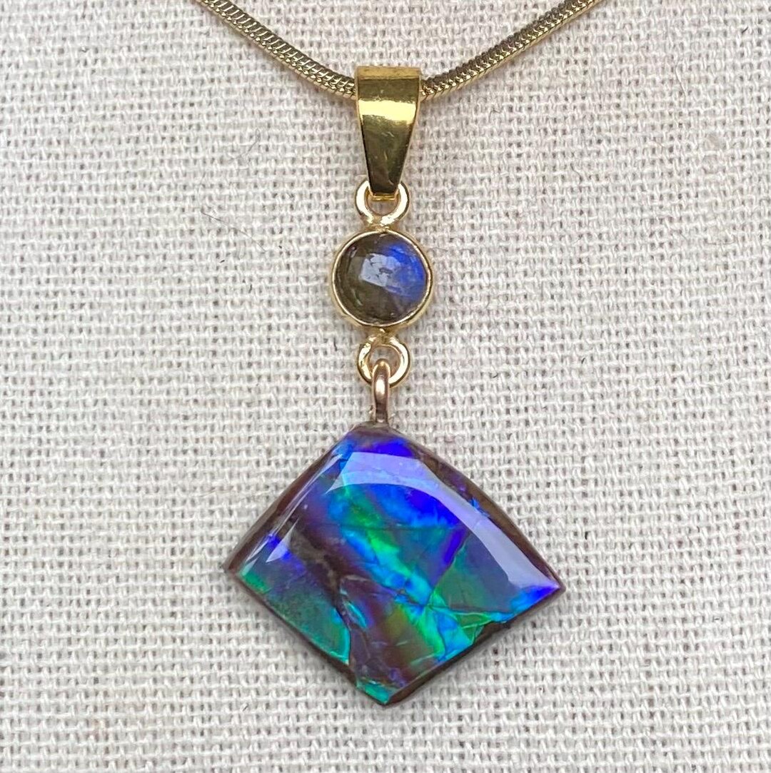 Ammolite Pendant - Blue and Green Gem! Labradorite Accent - MUST Read ...