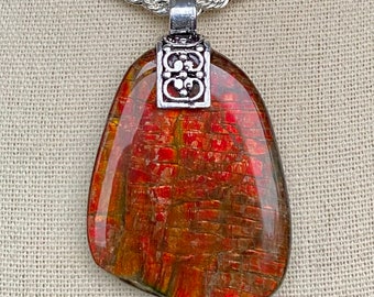 Ammolite Pendant - Large Rusty Red Gem!  Bail with Silver Overlay - MUST Read Description