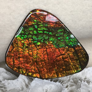 May include: A polished, iridescent gemstone with a green and red pattern. The stone has a unique, textured surface that resembles scales.