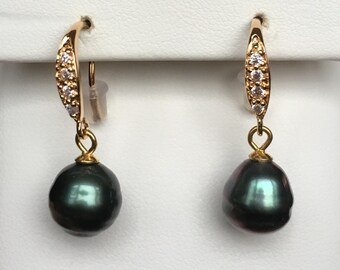Tahitian Black Pearl Earrings - CZ Accents!
