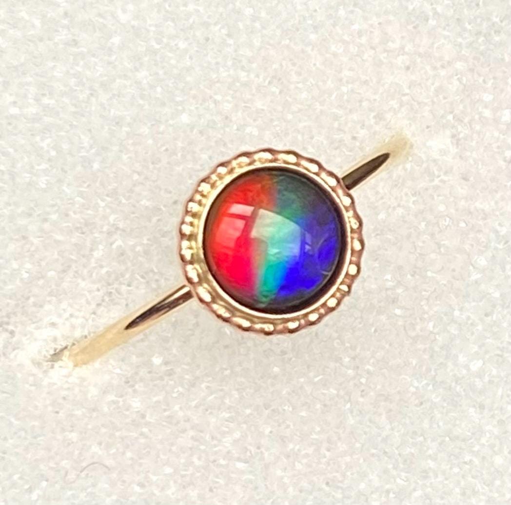 Ammolite Ring - Bright Petite Gem in Rainbow Colors! - Dainty Gold Filled Setting - Size 7