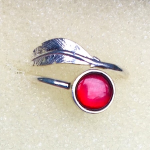 Ammolite Ring with Feather Pattern - Bright Red Petite Gem - Color Changer!  - Size 7 Adjustable to Size 8
