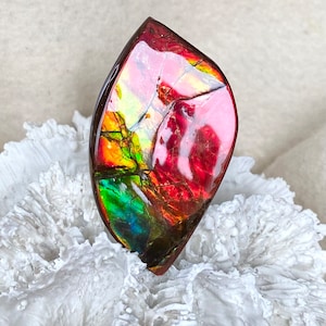 Könnte beinhalten: Ein großer, irisierender Edelstein in Tropfenform. Der Edelstein ist tiefrot mit Schimmern in Grün, Blau und Gold. Er liegt auf einer weißen korallenartigen Oberfläche.