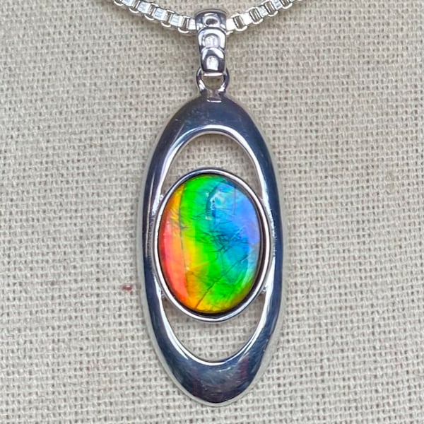 Ammolite Pendant - Bright Tricolor Gem in a Contemporary Setting! - MUST Read Description!