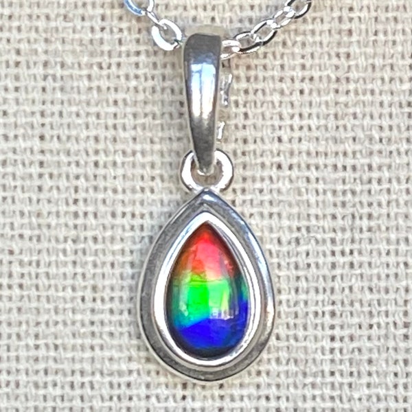 Ammolite Pendant - Very Petite Multi-Color Teardrop Gem - Perfect for a Young Girl - White is Reflection - Please Read Description