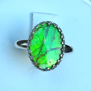 Ammolite Ring - Bright Green Stained Glass Pattern!  Size 7 - MUST Read Description