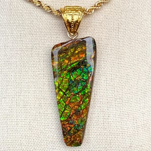 Ammolite Pendant - Large Gem in Orange and Green with Bits of Teal!  Bail with Gold Overlay - MUST Read Description