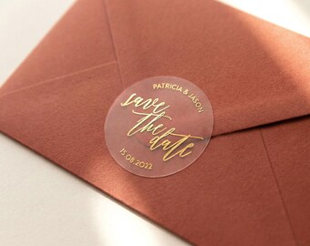Foiled Save The Date Stickers, Personalized Names, Wedding Stationery