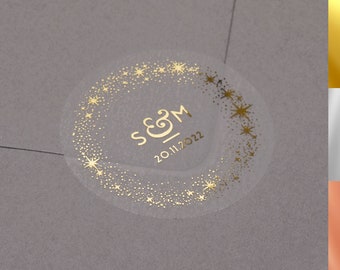 Celestial Wedding stickers. Foiled personalised initials and date wedding labels. Semi clear matt envelope seals. Star stickers