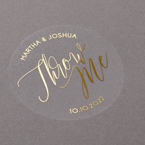 Foiled wedding Confetti stickers. Foil personalised names and date wedding label, Gold, rose gold, silver foil throw me sticker, Semi clear.