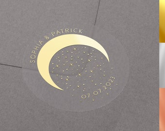 Celestial Wedding stickers. Foiled personalised names and date wedding labels. Semi clear matt envelope seals. Star stickers