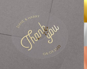 Foiled Thank You Wedding Stickers, Personalized Names & Date, Gold, Rose Gold, Silver Foil