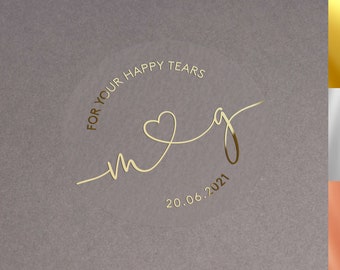 Foiled wedding stickers. Foil personalised initials and date wedding label, Gold, rose gold ‘For your happy tears’ sticker, Semi clear.